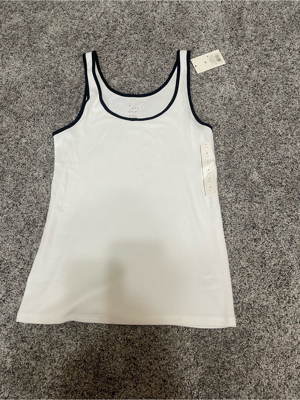 a new day White Tank Top with Black Trim